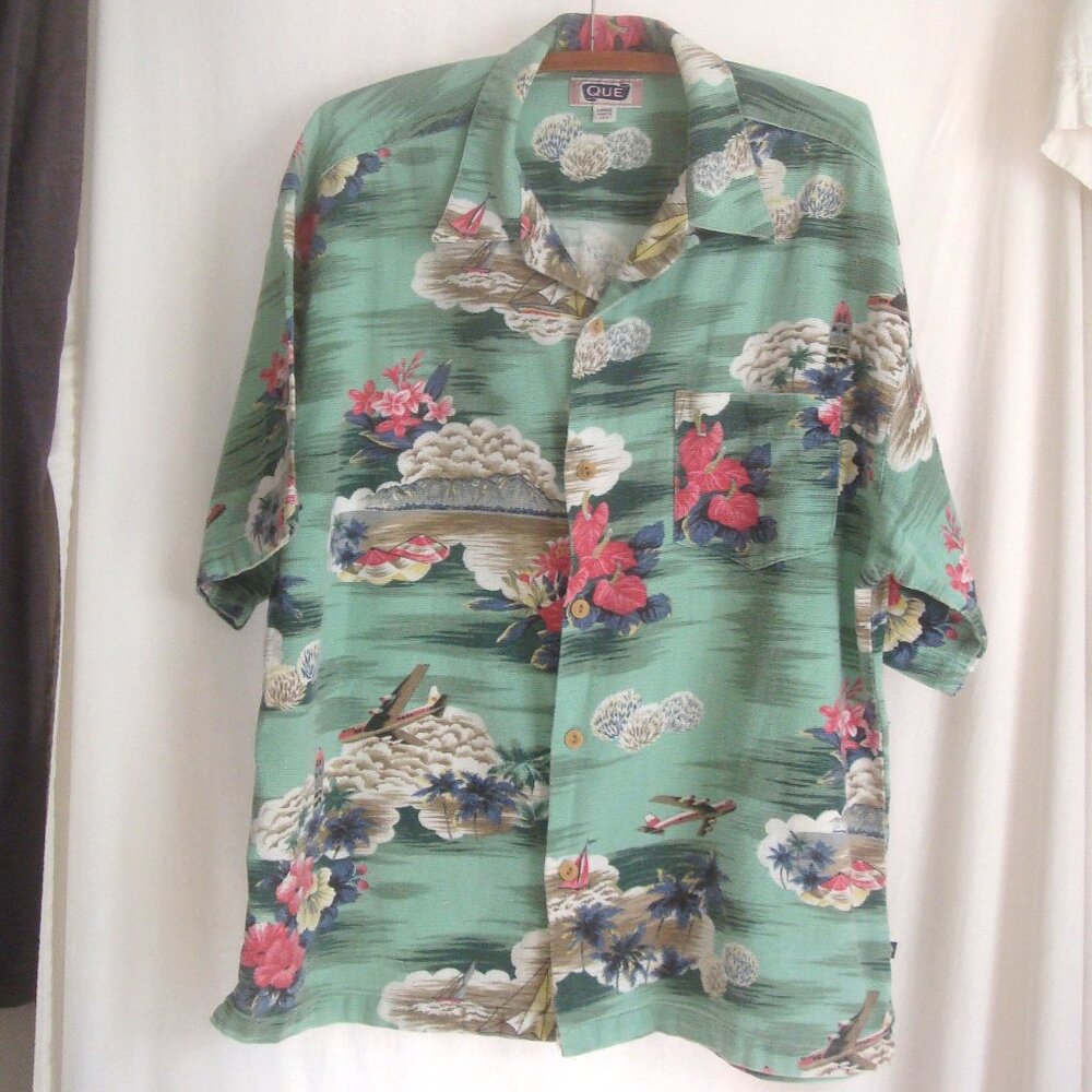 Tropical Hawaiian Shirt Kitschy Island Flower Plane Vacation Beach Short Sleeve